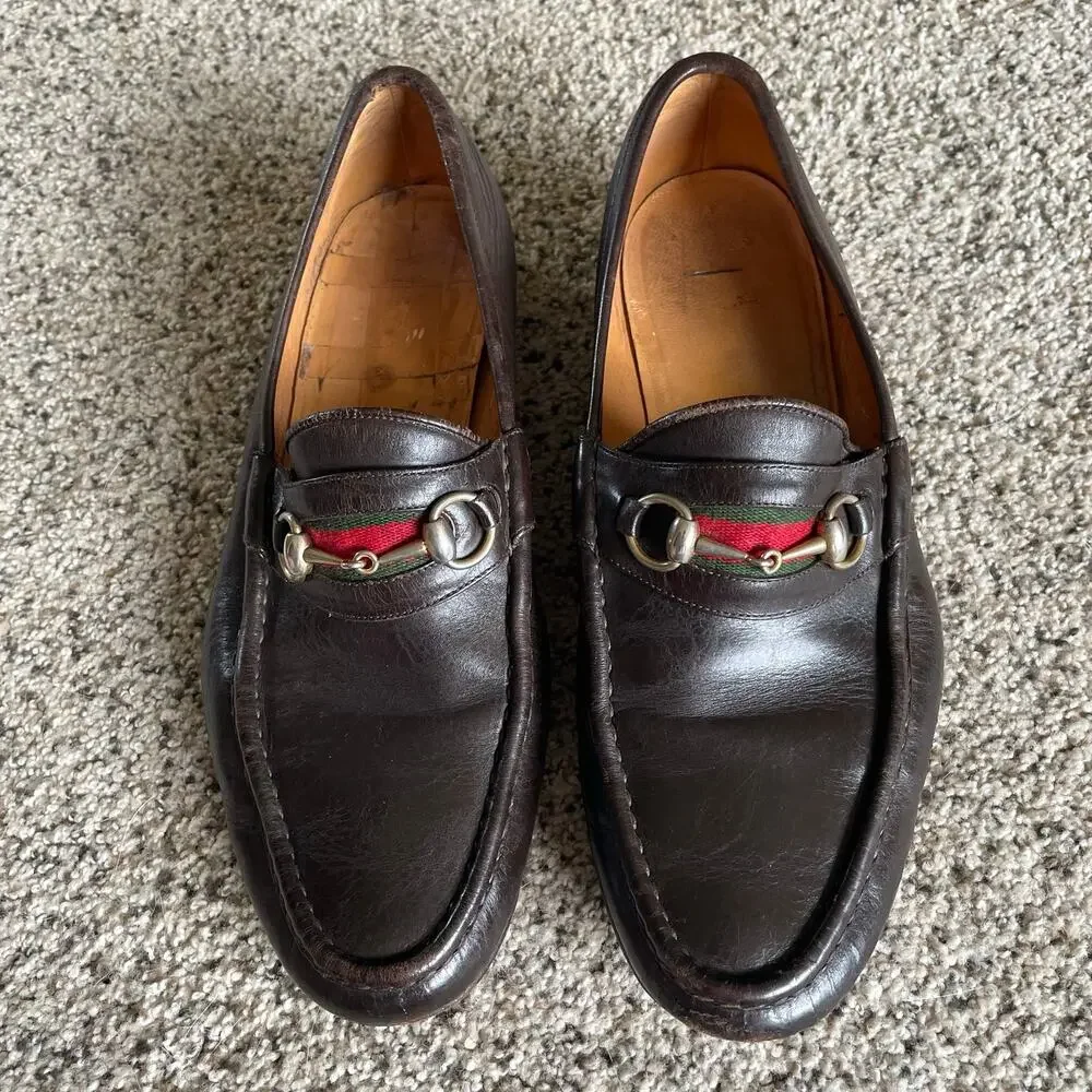 Vintage Gucci Horsebit Loafer Brown Leather Green Red Web Men's EU 46.5 / US 12